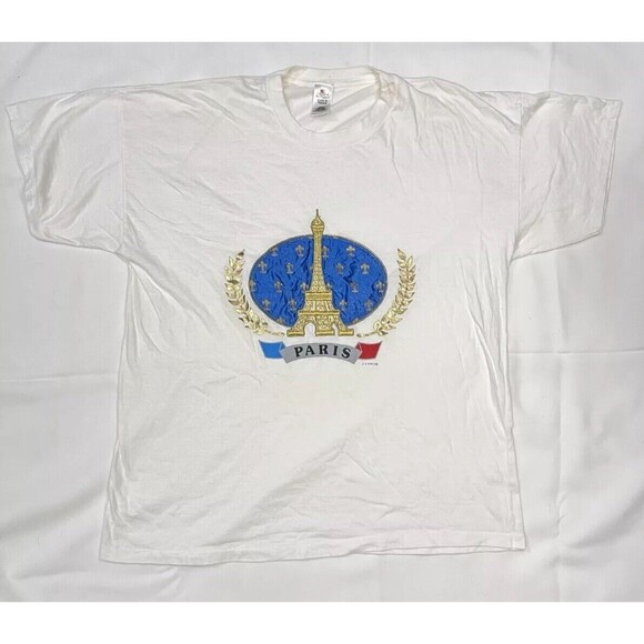 F.S. Paris Vintage Single Stitch Embroidered Eiffel Tower White Shirt Sz XL - Picture 2 of 10